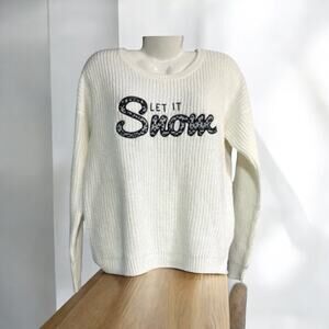 FB Sister Women's White "Let it Snow" Winter Knit Long Sleeve Sweater | SZ L